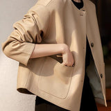 Short Faux Sheepskin Trapeze Round Neck Leather Jacket