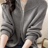 Solid Color High Neck Knit Cardigan