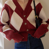 Diamond Pattern V-Neck Knitted Jacket