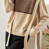 Brown Striped Knit Sweater with Flowing Ties