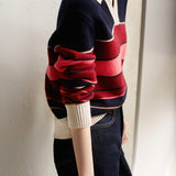 Color-block Striped Retro Polo Neck Knit Top