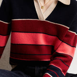 Color-block Striped Retro Polo Neck Knit Top