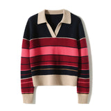 Color-block Striped Retro Polo Neck Knit Top