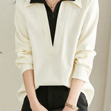 Double-layer Half-open Collar Brushed Faux Two-piece Long Sleeve Sweatshirt