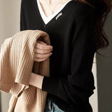 Minimalist Color-Block V-Neck Sweater for Women