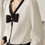 French V-Neck Bow Tie Long Sleeve Top