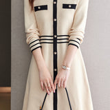 Color-Blocked Mid-Length Knit Dress in Chanel Style