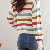 Color-Block Striped Loose Hollow-Out Long Sleeve Top