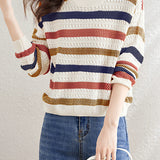 Color-Block Striped Loose Hollow-Out Long Sleeve Top