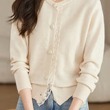 Lace-trimmed short knitted cardigan