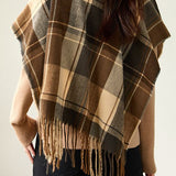 Checked fringed shawl fake two-piece knitted cardigan