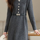 Turn-down collar mid-length waist-cinched long-sleeved knitted dresses