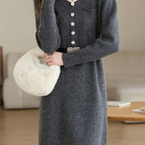 Turn-down collar mid-length waist-cinched long-sleeved knitted dresses