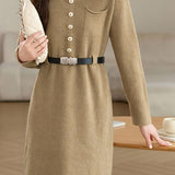 Turn-down collar mid-length waist-cinched long-sleeved knitted dresses