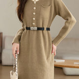 Turn-down collar mid-length waist-cinched long-sleeved knitted dresses