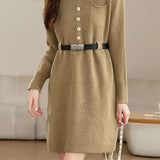 Turn-down collar mid-length waist-cinched long-sleeved knitted dresses