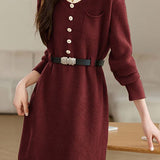 Turn-down collar mid-length waist-cinched long-sleeved knitted dresses