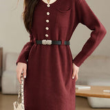 Turn-down collar mid-length waist-cinched long-sleeved knitted dresses