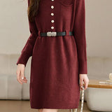 Turn-down collar mid-length waist-cinched long-sleeved knitted dresses