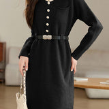 Turn-down collar mid-length waist-cinched long-sleeved knitted dresses