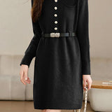 Turn-down collar mid-length waist-cinched long-sleeved knitted dresses