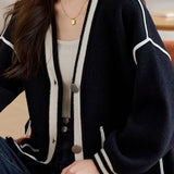 V-neck color-blocking knitted coats