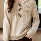 Hooded cable-knit sweater with horn buttons