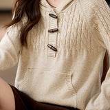 Hooded cable-knit sweater with horn buttons