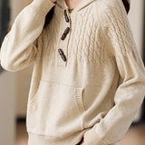 Hooded cable-knit sweater with horn buttons