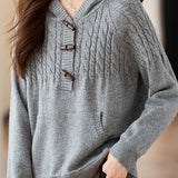 Hooded cable-knit sweater with horn buttons