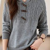 Hooded cable-knit sweater with horn buttons