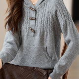 Hooded cable-knit sweater with horn buttons