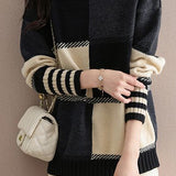 High-neck loose color-blocked long-sleeved sweater