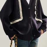 Black ruffled splicing casual coat