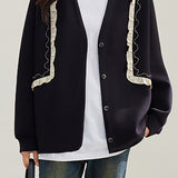 Black ruffled splicing casual coat