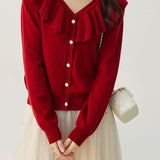 V-neck ruffled solid-color sweater