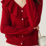 V-neck ruffled solid-color sweater