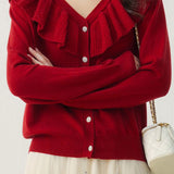 V-neck ruffled solid-color sweater