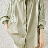 Stripe-spliced fake two-piece long-sleeved shirt