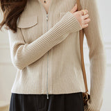 Double-zip lapel knitted cardigan