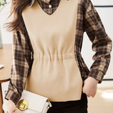 Checked spliced waist-cinching long-sleeved shirt