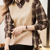 Checked spliced waist-cinching long-sleeved shirt