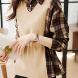 Checked spliced waist-cinching long-sleeved shirt