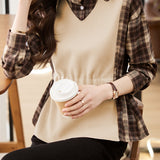 Checked spliced waist-cinching long-sleeved shirt