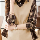 Checked spliced waist-cinching long-sleeved shirt