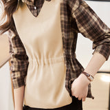 Checked spliced waist-cinching long-sleeved shirt