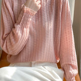 Lace-trimmed semi-high-neck base layer shirt