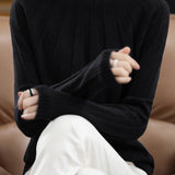 Vertical striped mock neck long-sleeved knitted sweater