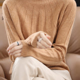 Vertical striped mock neck long-sleeved knitted sweater