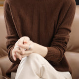 Vertical striped mock neck long-sleeved knitted sweater